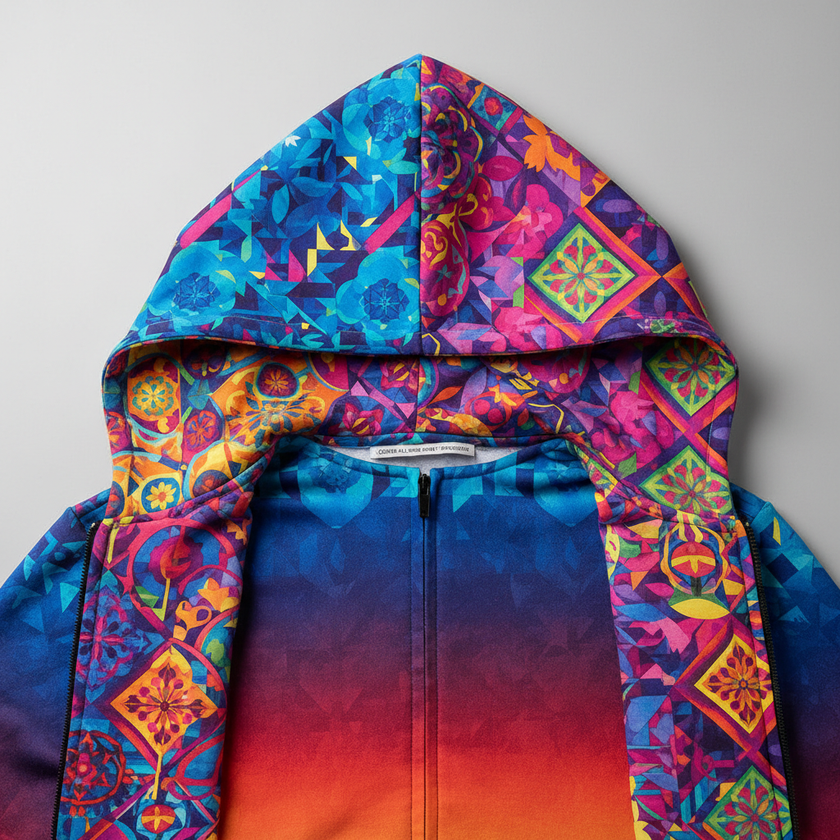 Capuz aberto mostrando personalização interior e exterior - 4 faces