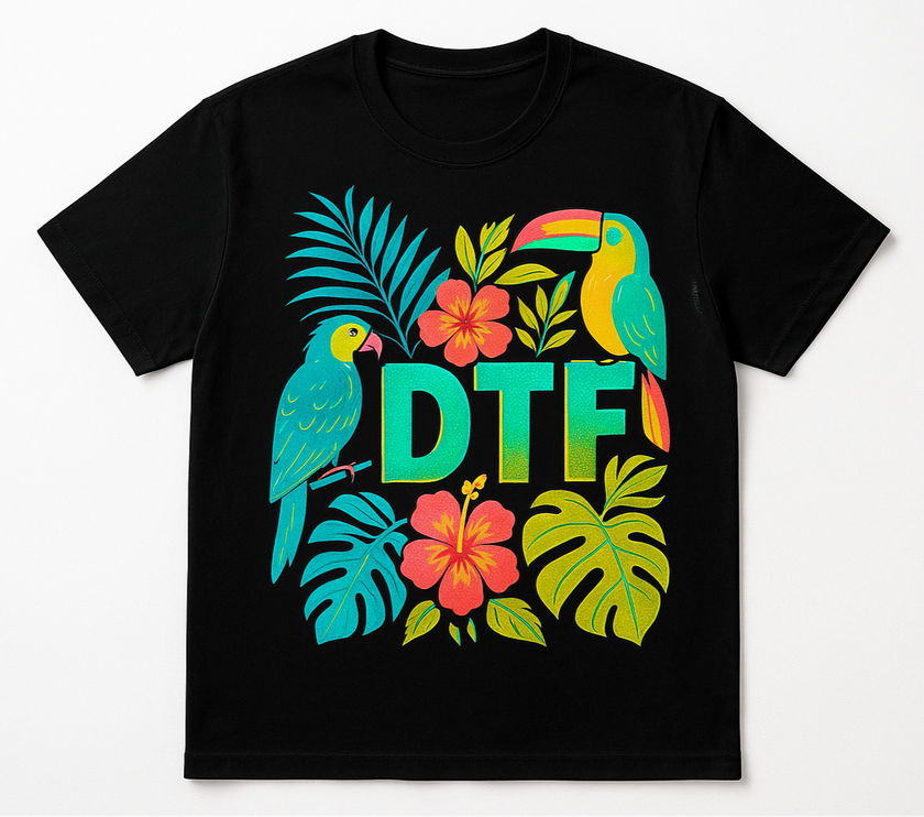 DTF Black T-Shirt with custom details and tropical colours. White blackground.