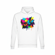 Mockup frente hoodie branco DTF com capuz e cores vibrantes