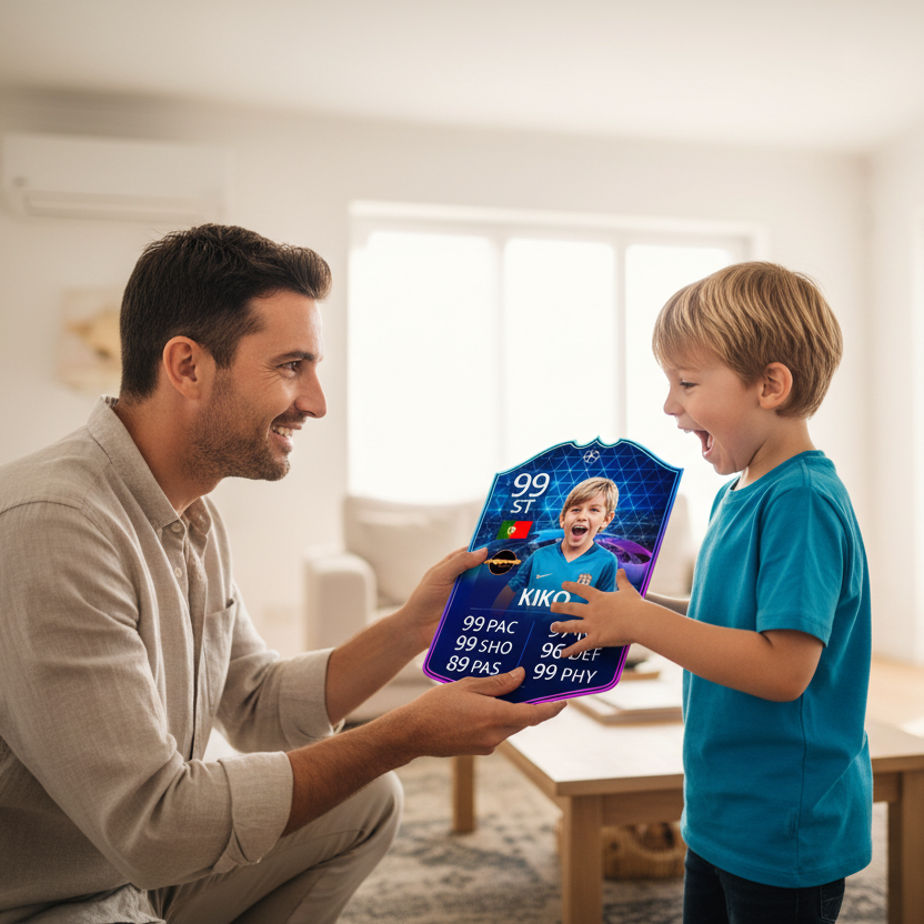 Pai oferecendo Carta Futebol FC ao filho