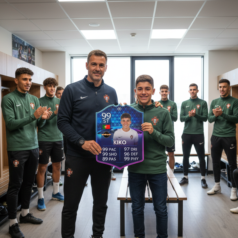 Treinador oferecendo Carta Futebol FC no balneário