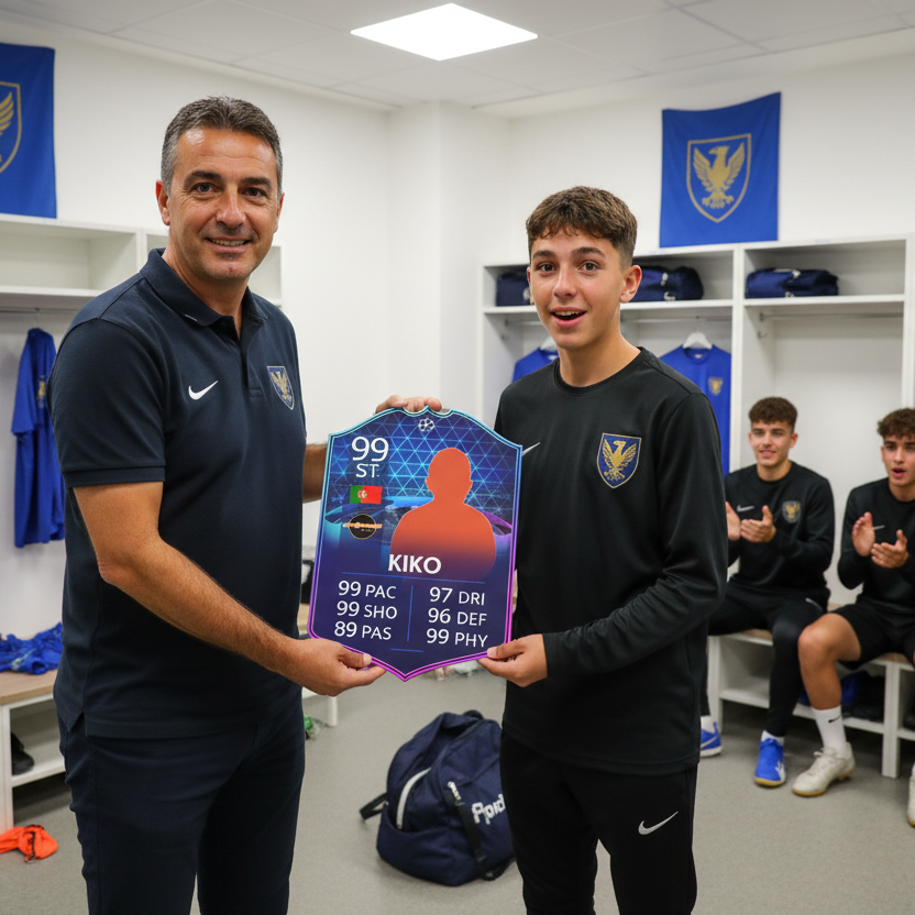 Treinador oferecendo Carta Futebol FC - sem logos de marcas